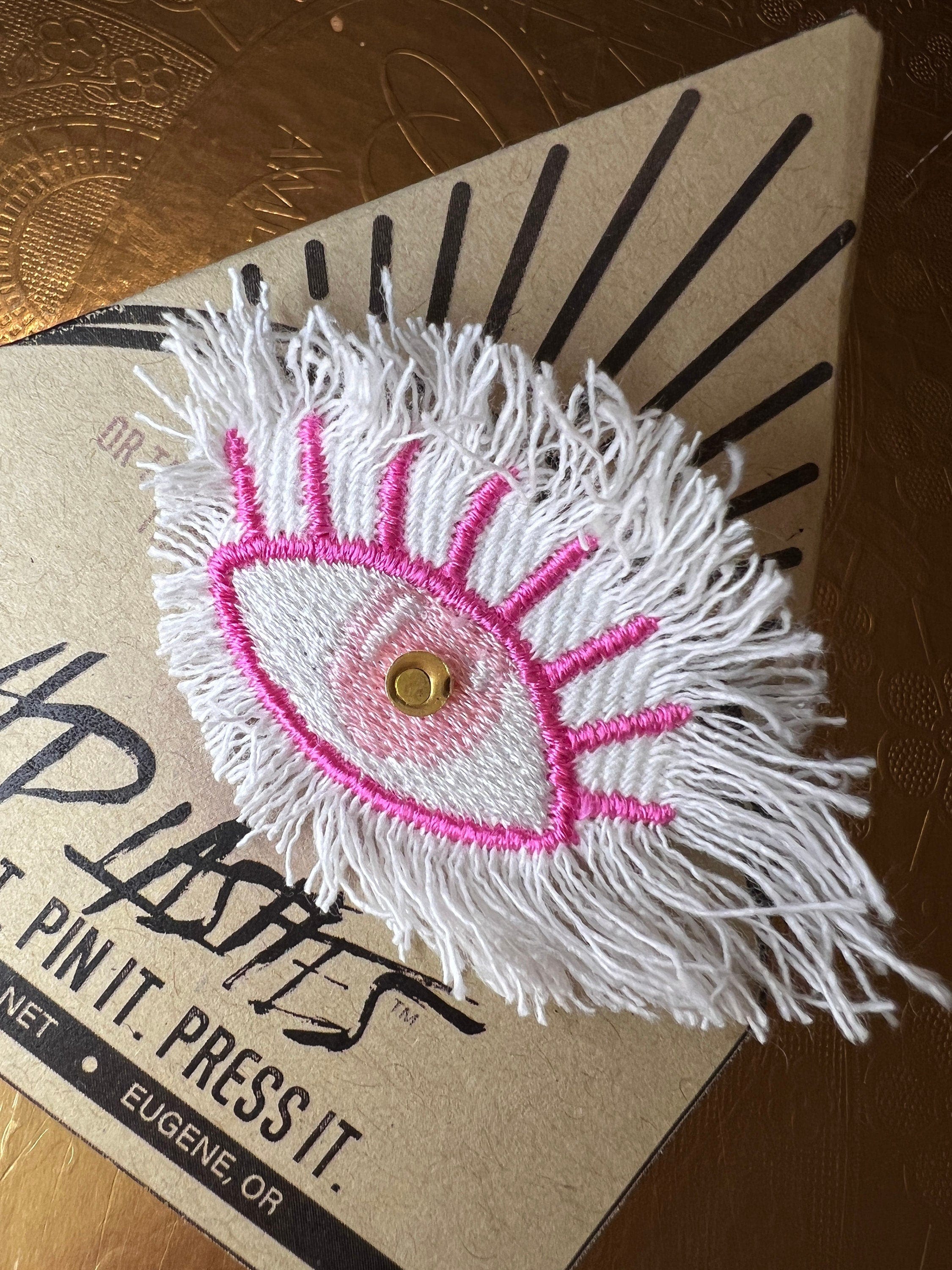 Pink White GOOD KARMA EYE Patch Handmade NuAge Pin Embroidered Protective Talisman Decal Fringed Denim Bridal Party Bachelorette office gift Pinback Buttons