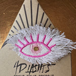 Pink White GOOD KARMA EYE Patch Handmade NuAge Pin Embroidered Protective Talisman Decal Fringed Denim Bridal Party Bachelorette office gift Pinback Buttons