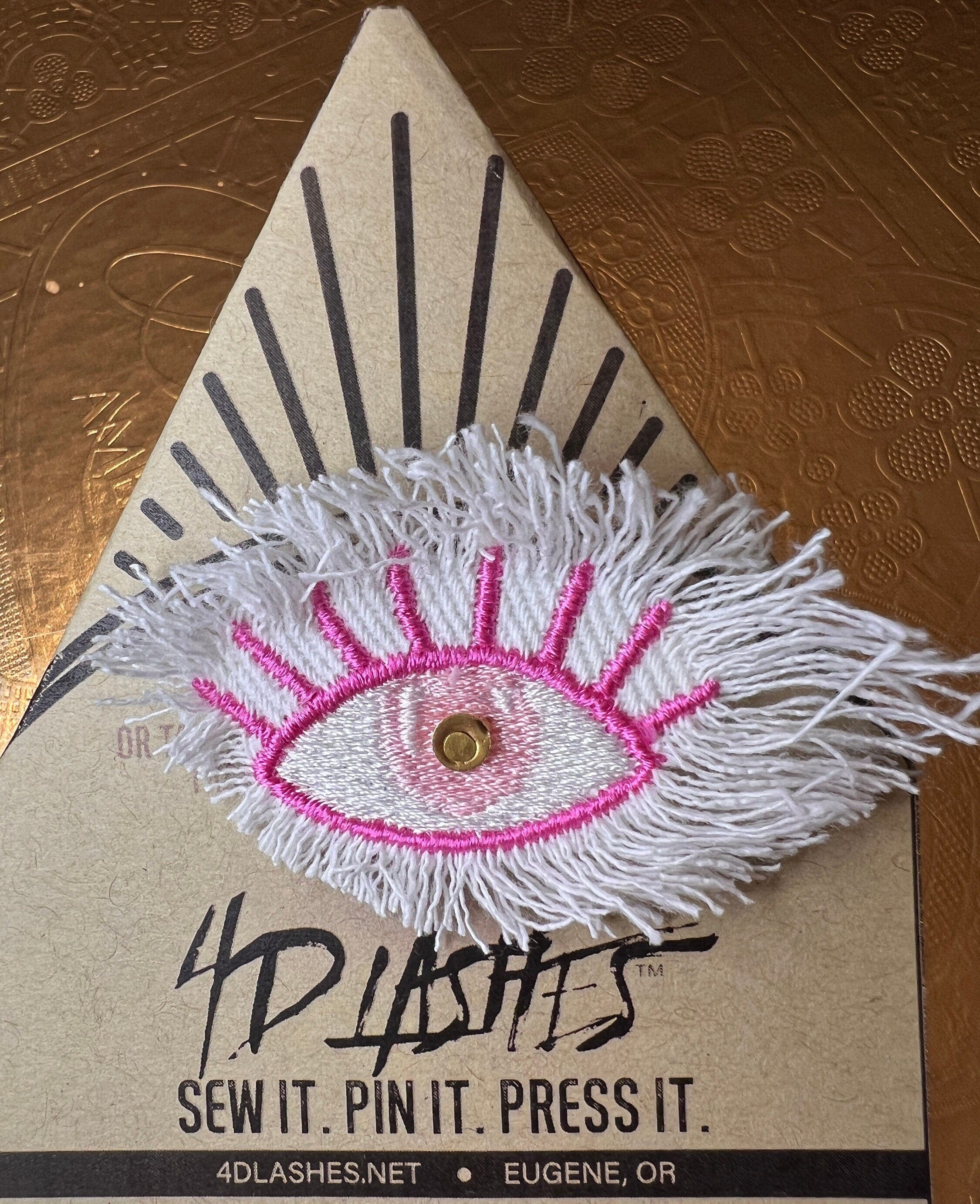 Pink White GOOD KARMA EYE Patch Handmade NuAge Pin Embroidered Protective Talisman Decal Fringed Denim Bridal Party Bachelorette office gift Pinback Buttons