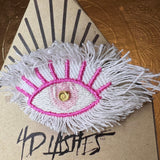 Pink White GOOD KARMA EYE Patch Handmade NuAge Pin Embroidered Protective Talisman Decal Fringed Denim Bridal Party Bachelorette office gift Pinback Buttons