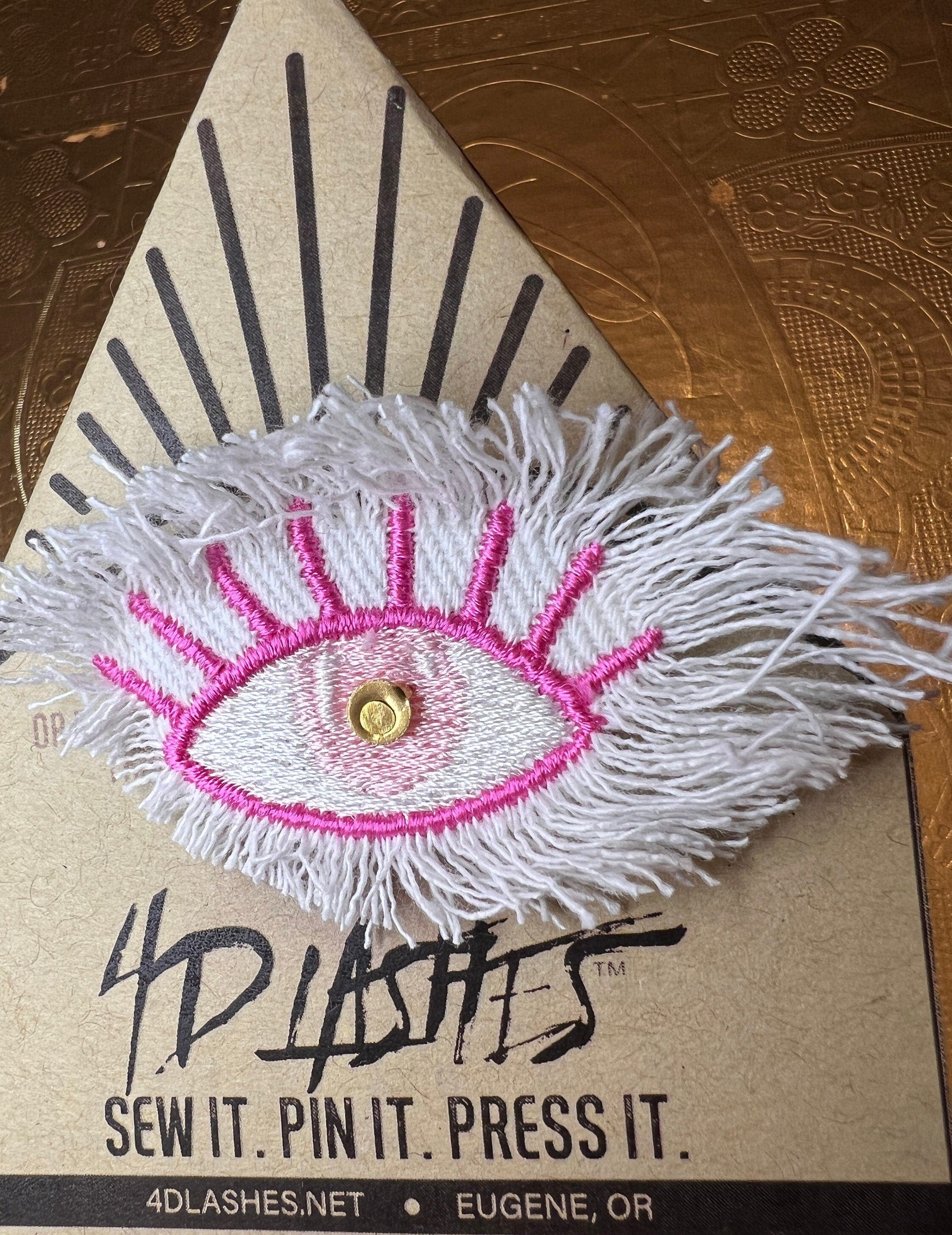 Pink White GOOD KARMA EYE Patch Handmade NuAge Pin Embroidered Protective Talisman Decal Fringed Denim Bridal Party Bachelorette office gift Pinback Buttons