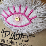 Pink White GOOD KARMA EYE Patch Handmade NuAge Pin Embroidered Protective Talisman Decal Fringed Denim Bridal Party Bachelorette office gift Pinback Buttons