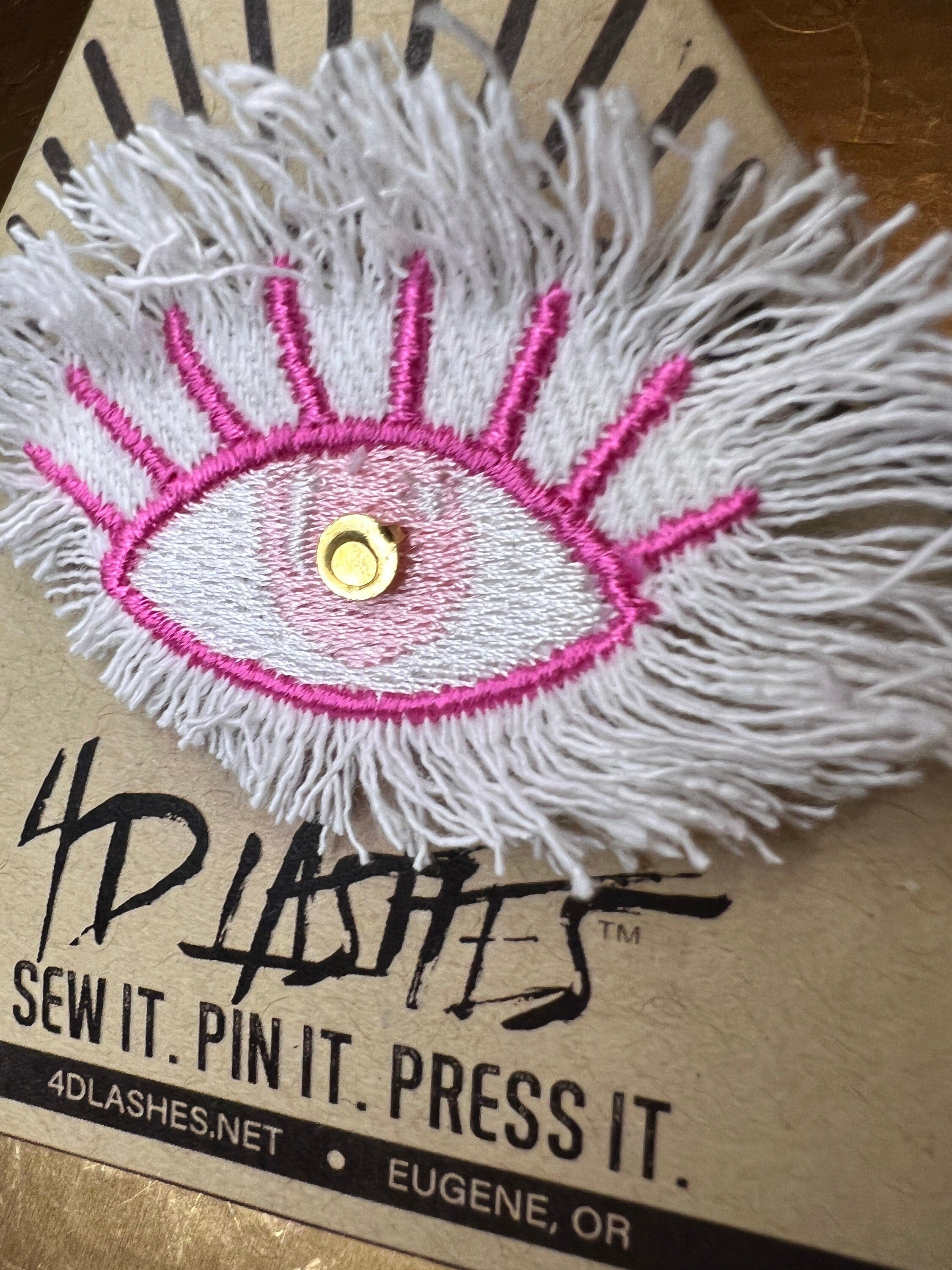 Pink White GOOD KARMA EYE Patch Handmade NuAge Pin Embroidered Protective Talisman Decal Fringed Denim Bridal Party Bachelorette office gift Pinback Buttons