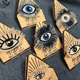 Pink White GOOD KARMA EYE Patch Handmade NuAge Pin Embroidered Protective Talisman Decal Fringed Denim Bridal Party Bachelorette office gift Pinback Buttons