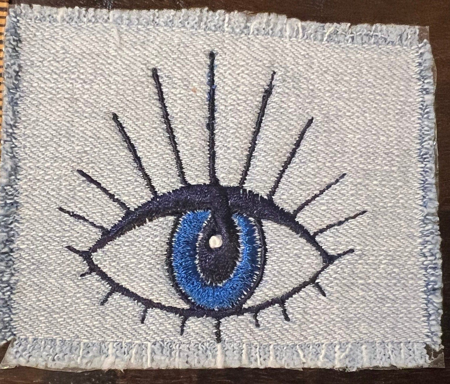 Protective Blue EYE SOULE PATCH bleached light denim patch embroidered Good Karma Evil Eye Iron On Decal w Frayed Edges pin sew patchwork Appliques & Patches