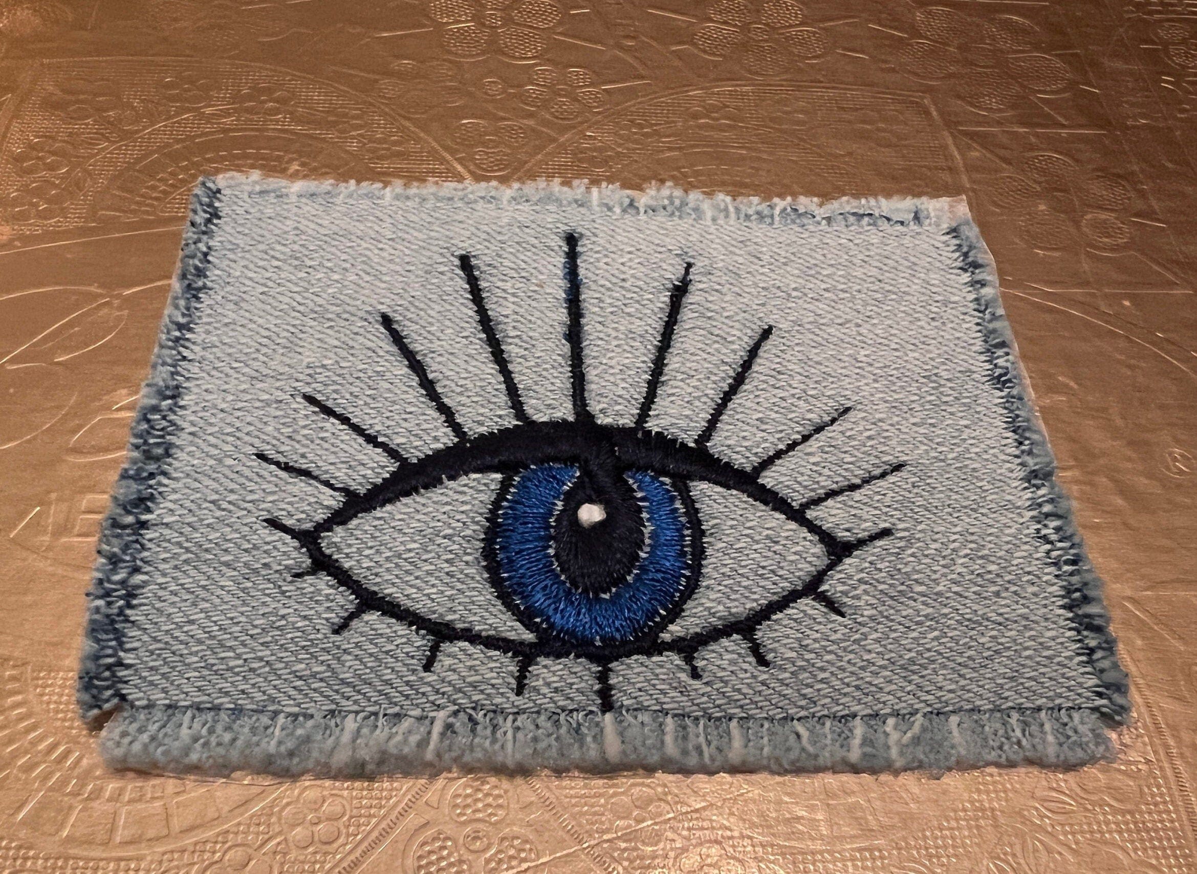 Protective Blue EYE SOULE PATCH bleached light denim patch embroidered Good Karma Evil Eye Iron On Decal w Frayed Edges pin sew patchwork Appliques & Patches