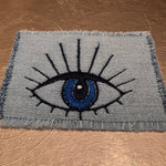 Protective Blue EYE SOULE PATCH bleached light denim patch embroidered Good Karma Evil Eye Iron On Decal w Frayed Edges pin sew patchwork Appliques & Patches