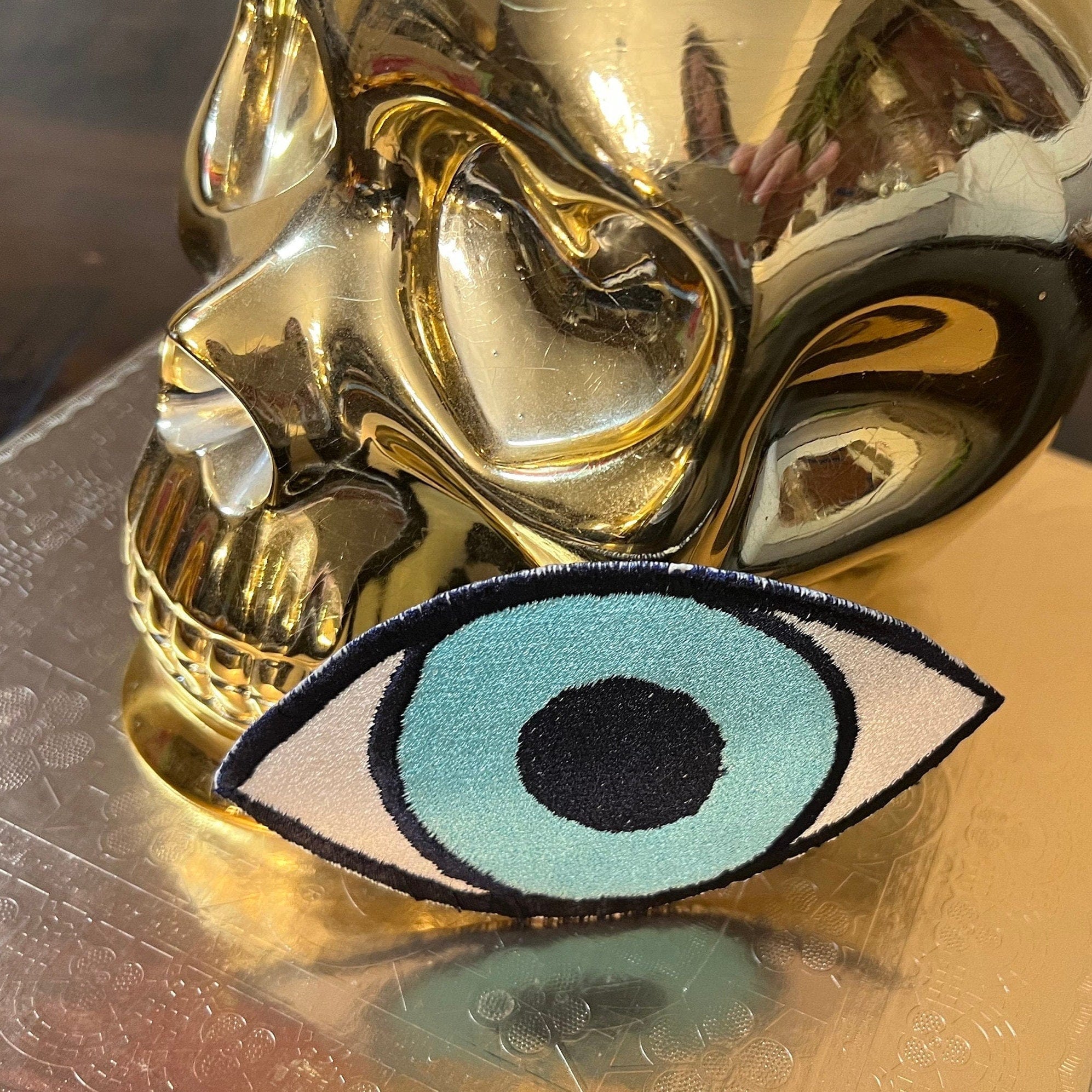Protective Evil EYE SOULE PATCH art Denim Iron On Decal patch 4 X 2.25 black blue white embroidered Large Eye Talisman ironon patchwork Appliques & Patches