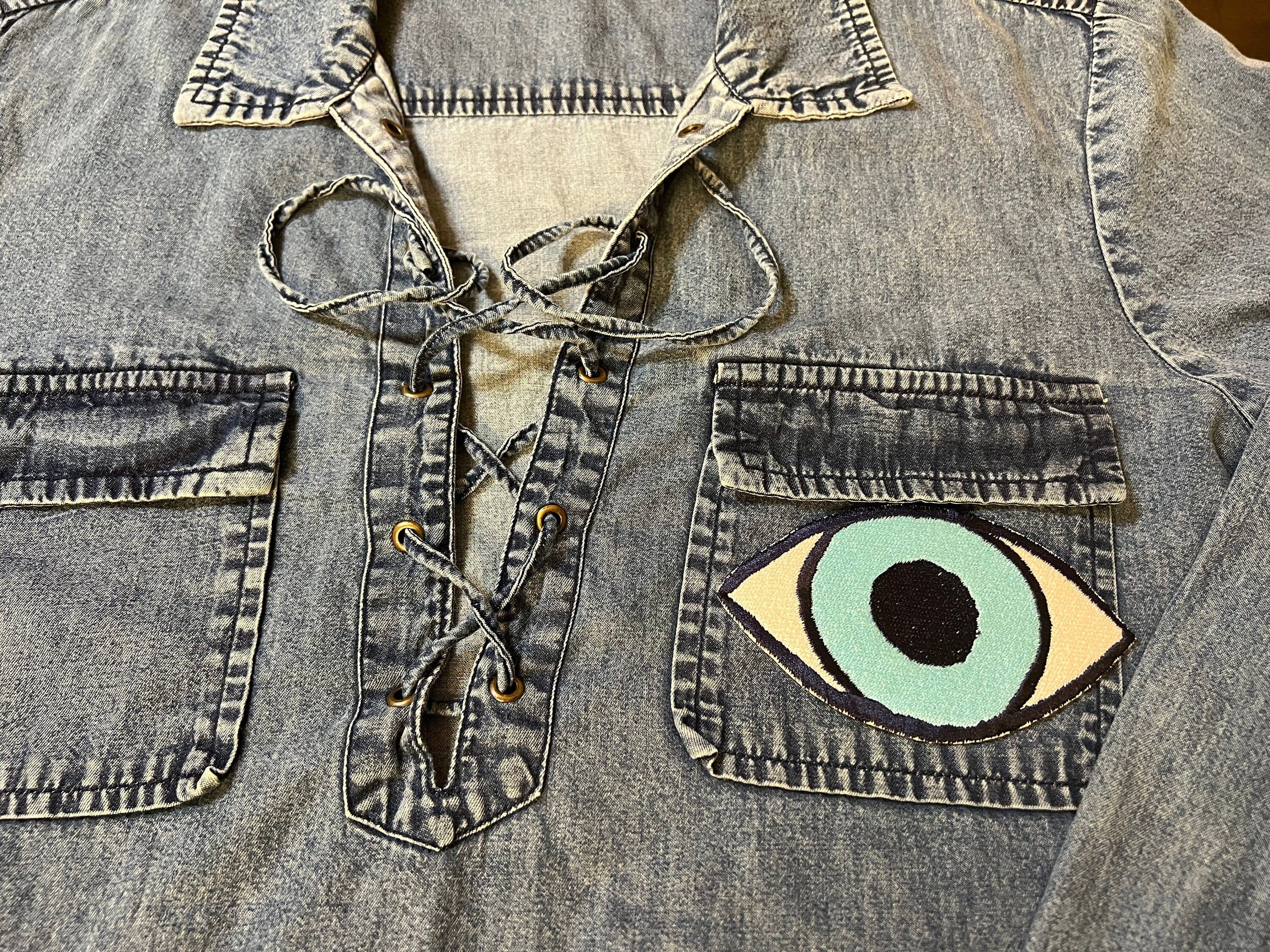 Protective Evil EYE SOULE PATCH art Denim Iron On Decal patch 4 X 2.25 black blue white embroidered Large Eye Talisman ironon patchwork Appliques & Patches