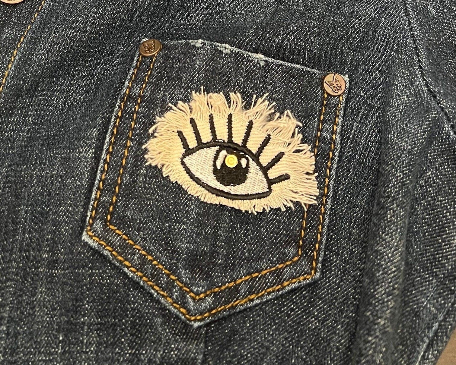 Protective EVIL Eye Talisman Decal GOOD LUCK Handmade Pin Embroidered Frayed Natural Denim tie tack Pin  Iron On ironon decals Hat pin Brooches & Lapel Pins