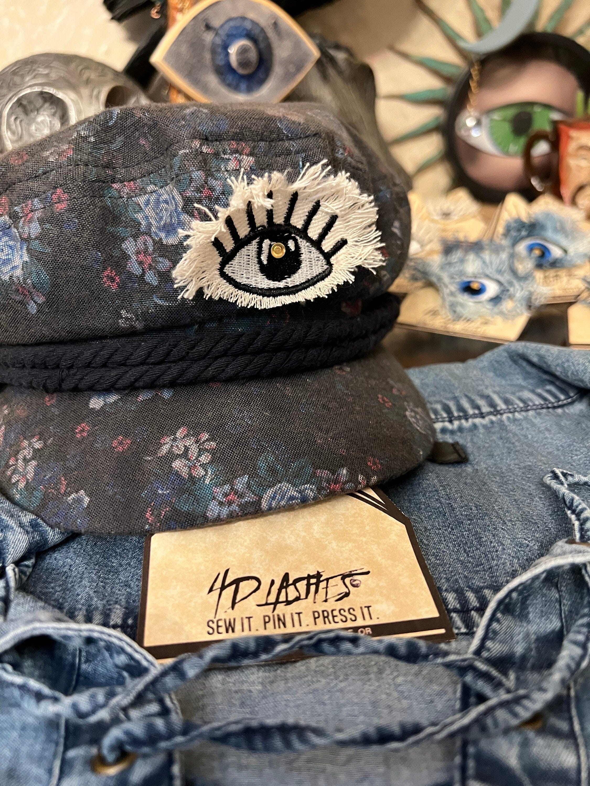 Protective EVIL Eye Talisman Decal GOOD LUCK Handmade Pin Embroidered Frayed Natural Denim tie tack Pin  Iron On ironon decals Hat pin Brooches & Lapel Pins