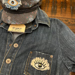 Protective EVIL Eye Talisman Decal GOOD LUCK Handmade Pin Embroidered Frayed Natural Denim tie tack Pin  Iron On ironon decals Hat pin Brooches & Lapel Pins