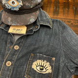 Protective EVIL Eye Talisman Decal GOOD LUCK Handmade Pin Embroidered Frayed Natural Denim tie tack Pin  Iron On ironon decals Hat pin Brooches & Lapel Pins