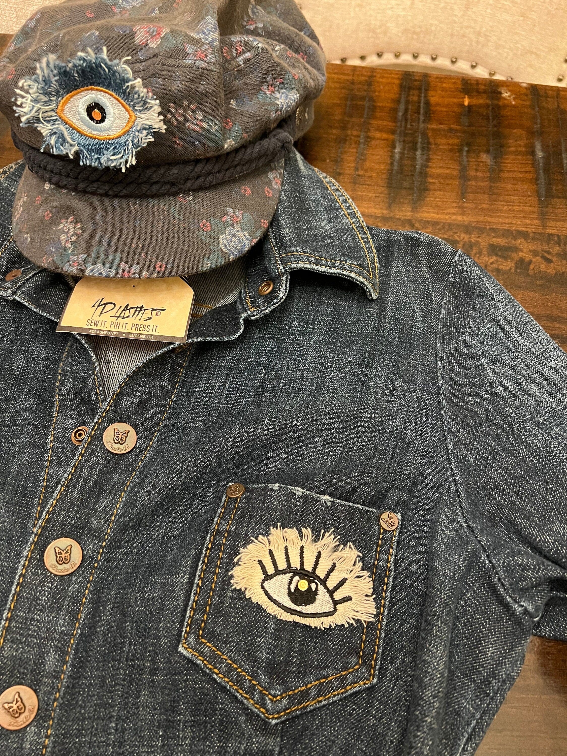 Protective EVIL Eye Talisman Decal GOOD LUCK Handmade Pin Embroidered Frayed Natural Denim tie tack Pin  Iron On ironon decals Hat pin Brooches & Lapel Pins