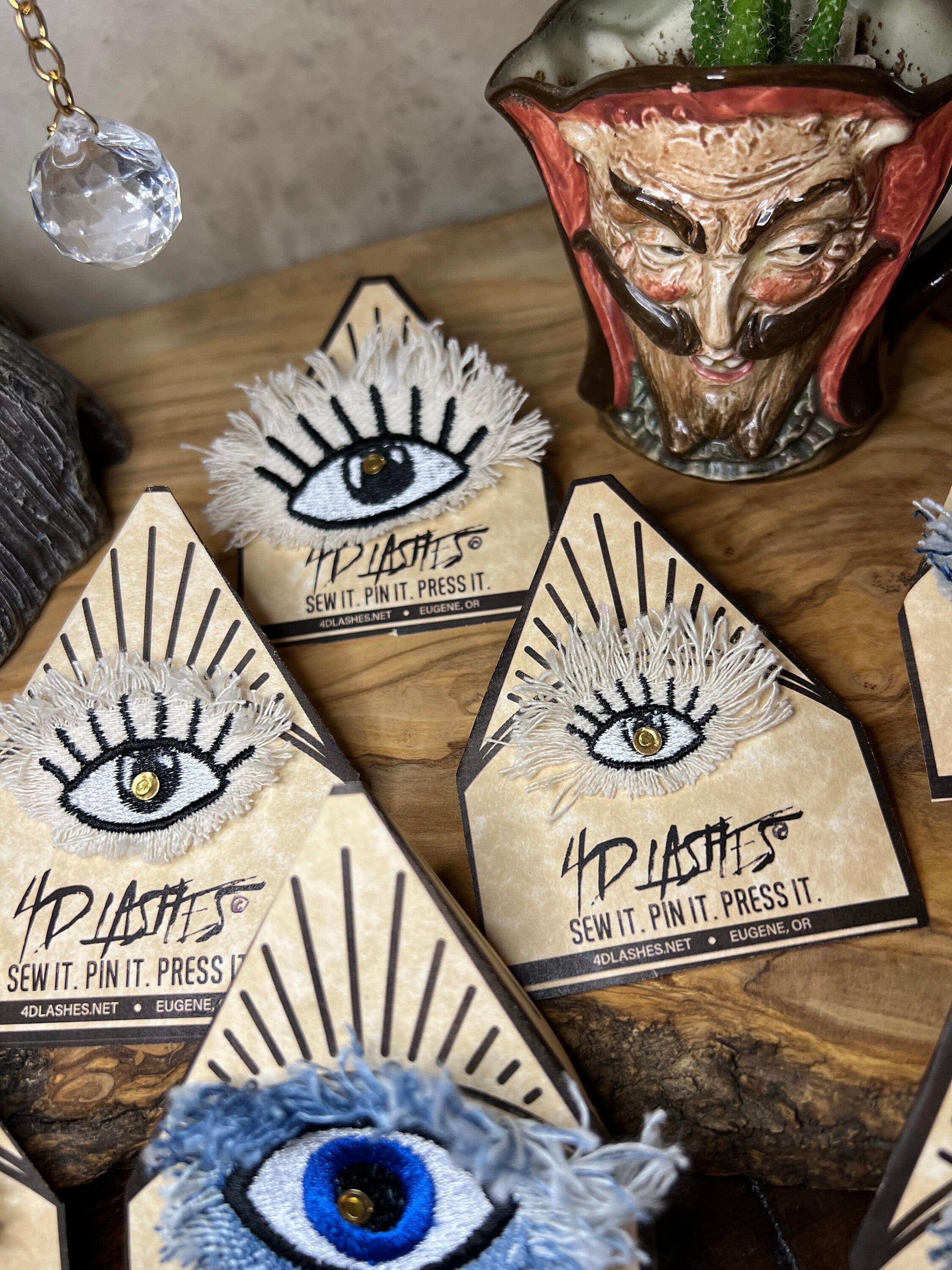 Protective EVIL Eye Talisman Decal GOOD LUCK Handmade Pin Embroidered Frayed Natural Denim tie tack Pin  Iron On ironon decals Hat pin Brooches & Lapel Pins