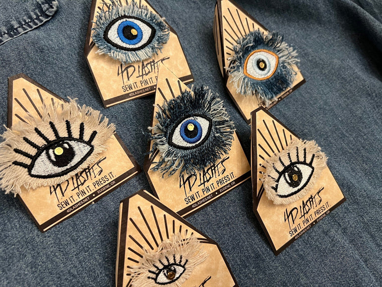 Protective EVIL Eye Talisman Decal GOOD LUCK Handmade Pin Embroidered Frayed Natural Denim tie tack Pin  Iron On ironon decals Hat pin Brooches & Lapel Pins