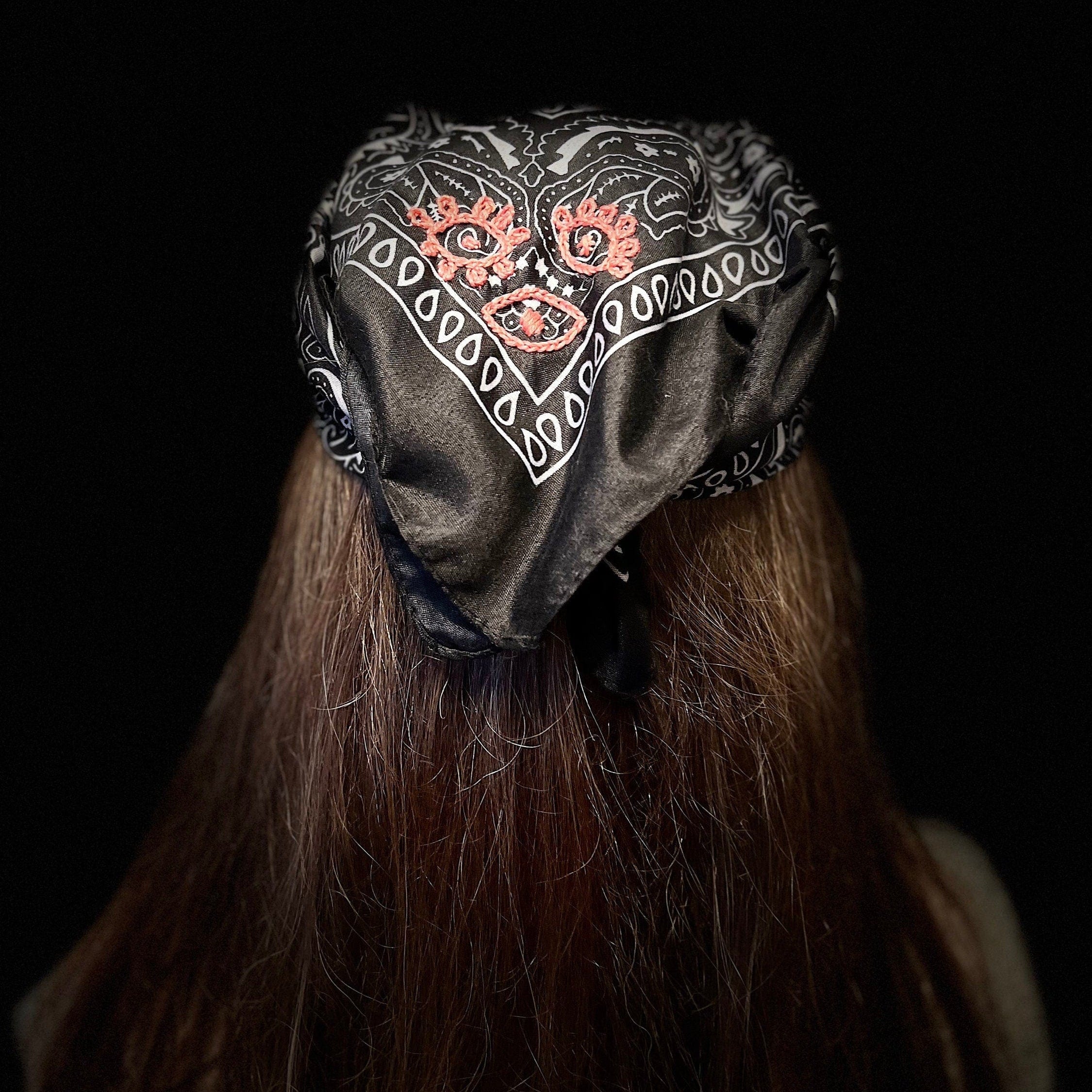 PROTECTIVE EYE Bandana Hand Embroidered Stitched Black Bandanna with Pink Stitches Mystic Design handmade Scarf 4 Eyes 2 corner embroidery Bandanas