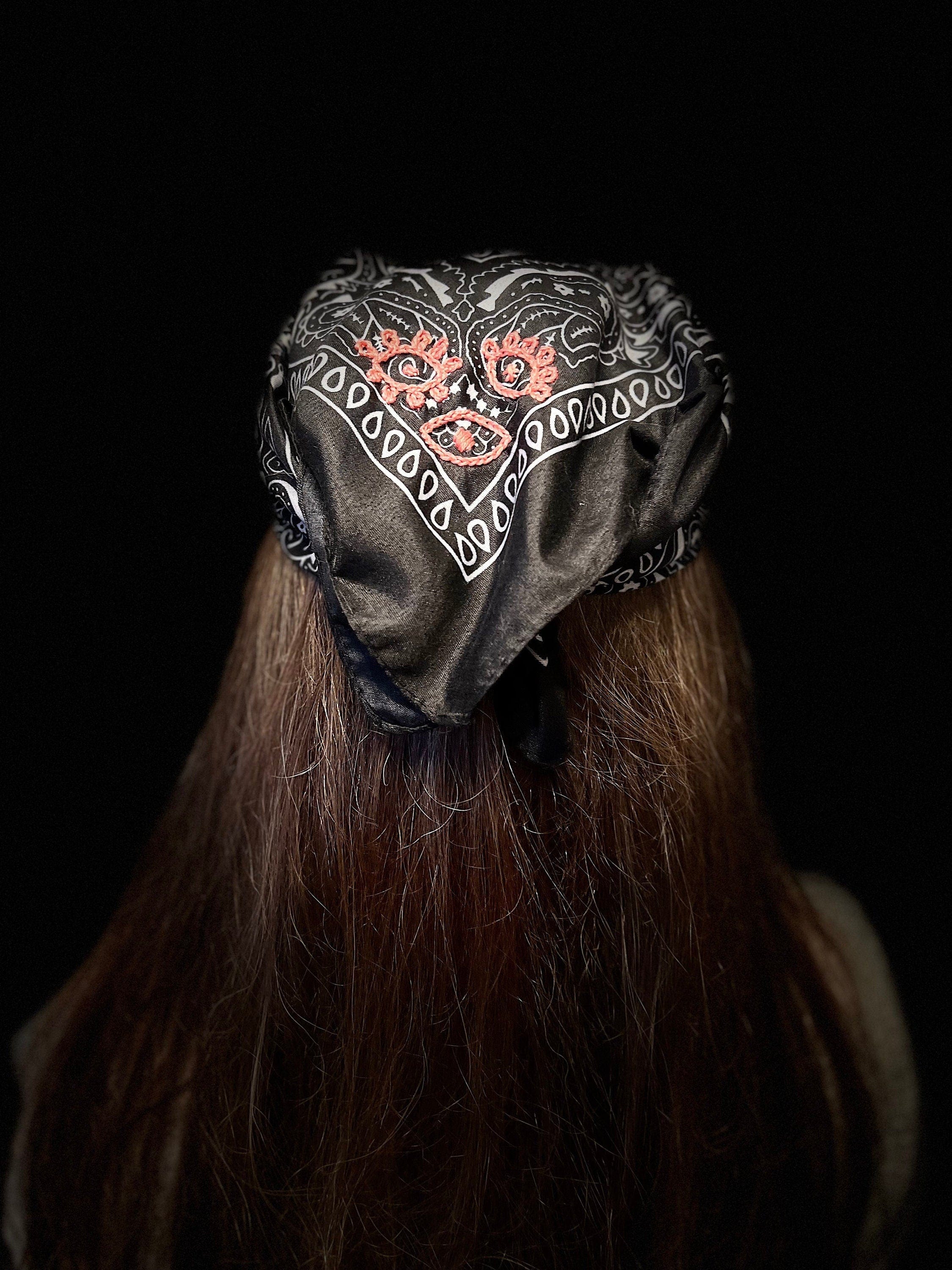 PROTECTIVE EYE Bandana Hand Embroidered Stitched Black Bandanna with Pink Stitches Mystic Design handmade Scarf 4 Eyes 2 corner embroidery Bandanas
