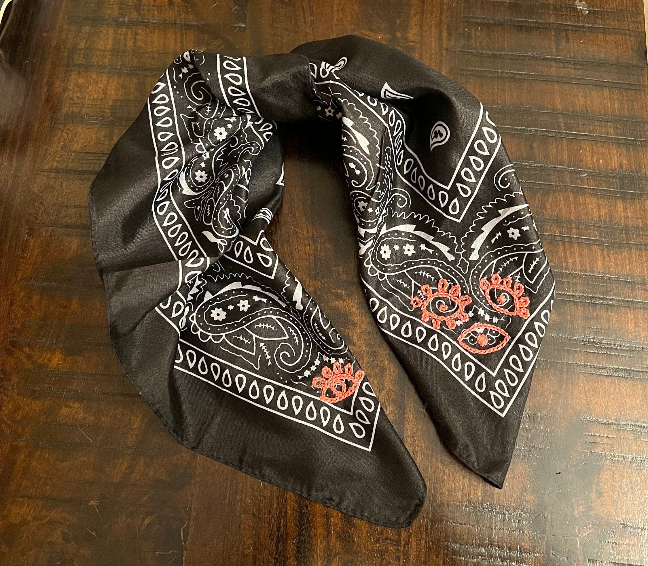 PROTECTIVE EYE Bandana Hand Embroidered Stitched Black Bandanna with Pink Stitches Mystic Design handmade Scarf 4 Eyes 2 corner embroidery Bandanas