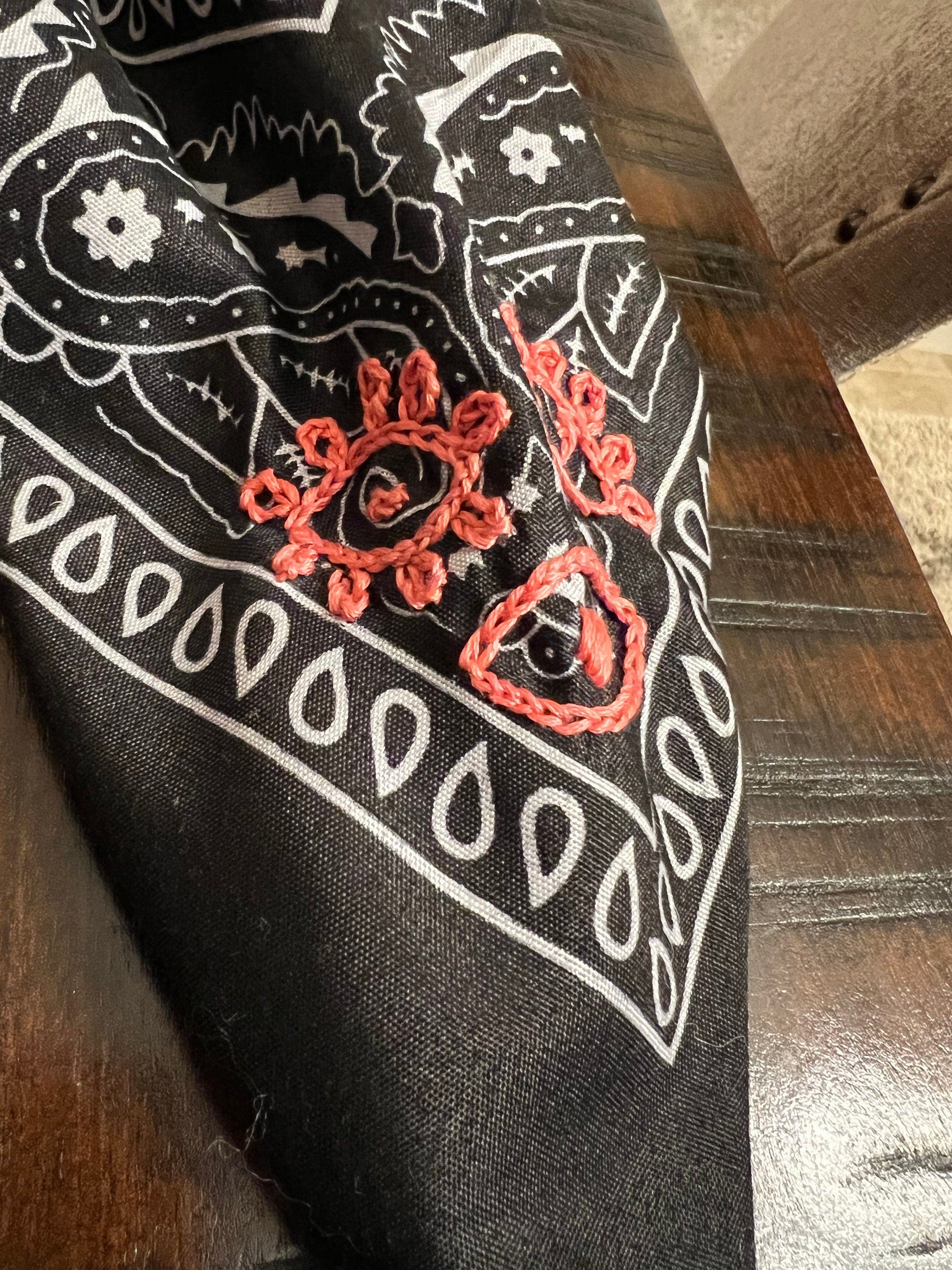 PROTECTIVE EYE Bandana Hand Embroidered Stitched Black Bandanna with Pink Stitches Mystic Design handmade Scarf 4 Eyes 2 corner embroidery Bandanas