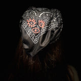 PROTECTIVE EYE Bandana Hand Embroidered Stitched Black Bandanna with Pink Stitches Mystic Design handmade Scarf 4 Eyes 2 corner embroidery Bandanas