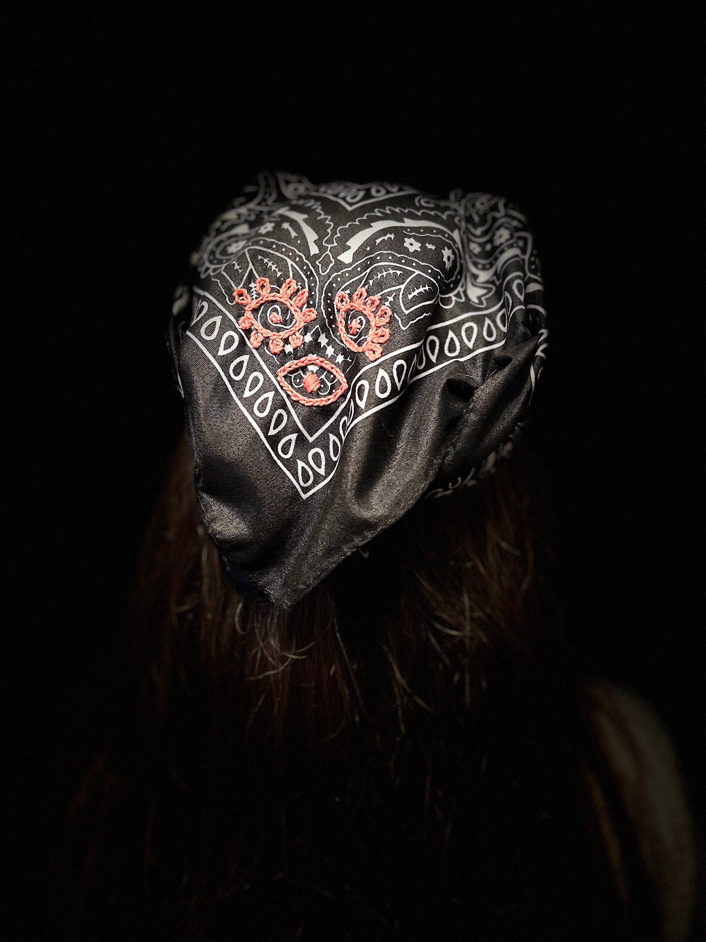 PROTECTIVE EYE Bandana Hand Embroidered Stitched Black Bandanna with Pink Stitches Mystic Design handmade Scarf 4 Eyes 2 corner embroidery Bandanas