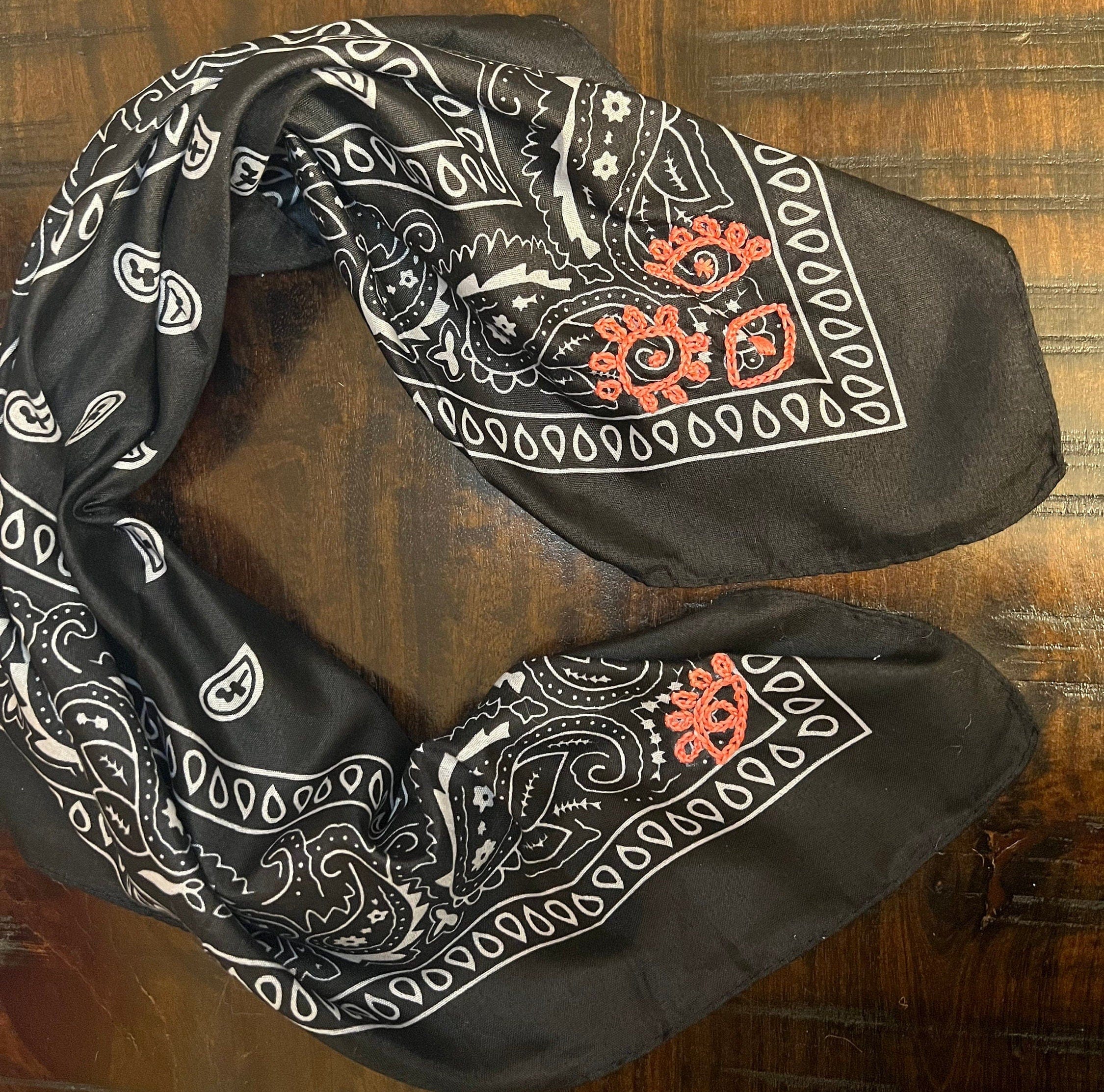 PROTECTIVE EYE Bandana Hand Embroidered Stitched Black Bandanna with Pink Stitches Mystic Design handmade Scarf 4 Eyes 2 corner embroidery Bandanas