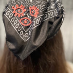 PROTECTIVE EYE Bandana Hand Embroidered Stitched Black Bandanna with Pink Stitches Mystic Design handmade Scarf 4 Eyes 2 corner embroidery Bandanas