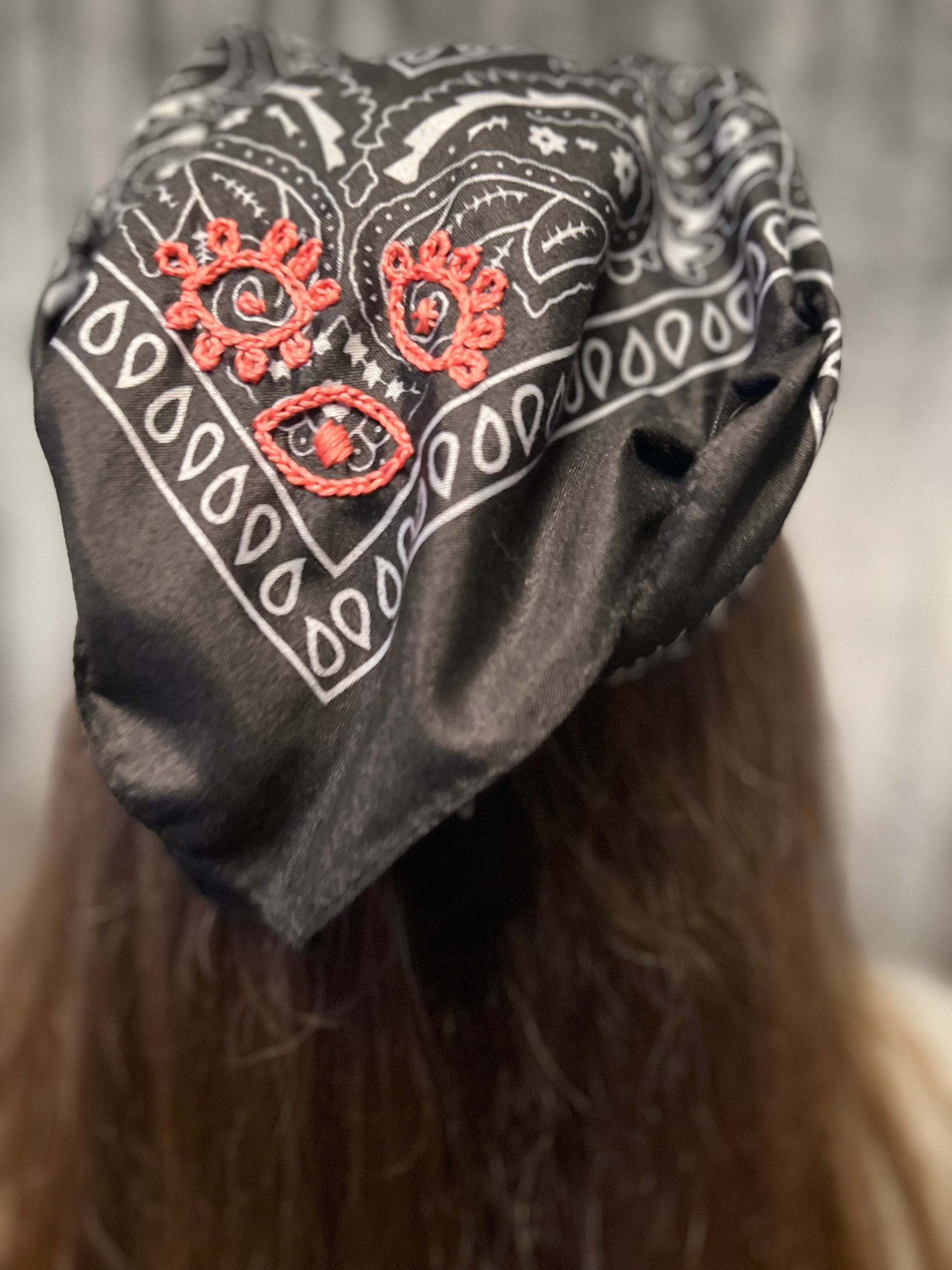 PROTECTIVE EYE Bandana Hand Embroidered Stitched Black Bandanna with Pink Stitches Mystic Design handmade Scarf 4 Eyes 2 corner embroidery Bandanas