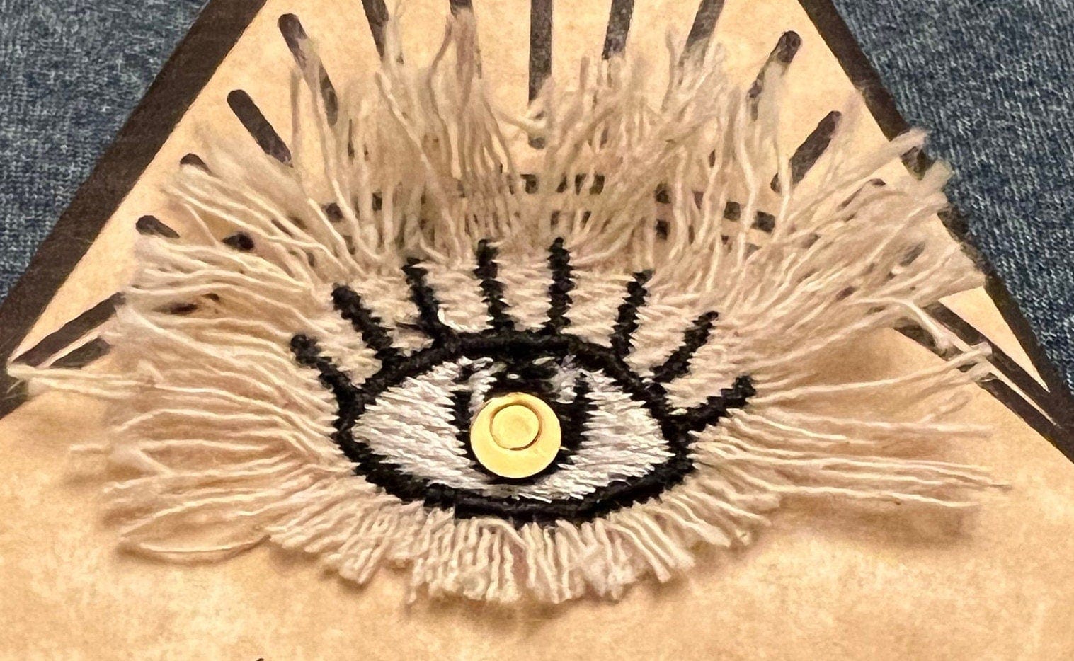 Protective Eye Decal Handmade Pin tie tack Pin included Embroidered Eye Frayed Natural Denim Lapel positive art stocking stuffer office gift Brooches & Lapel Pins