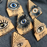 Protective Eye Decal Handmade Pin tie tack Pin included Embroidered Eye Frayed Natural Denim Lapel positive art stocking stuffer office gift Brooches & Lapel Pins