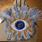 Protective Good Karma EYE Patch Handmade NuAge tack pin Embroidered Talisman Frayed Denim Blue Gold Bridal Party Bachelorette office gift Brooches & Lapel Pins