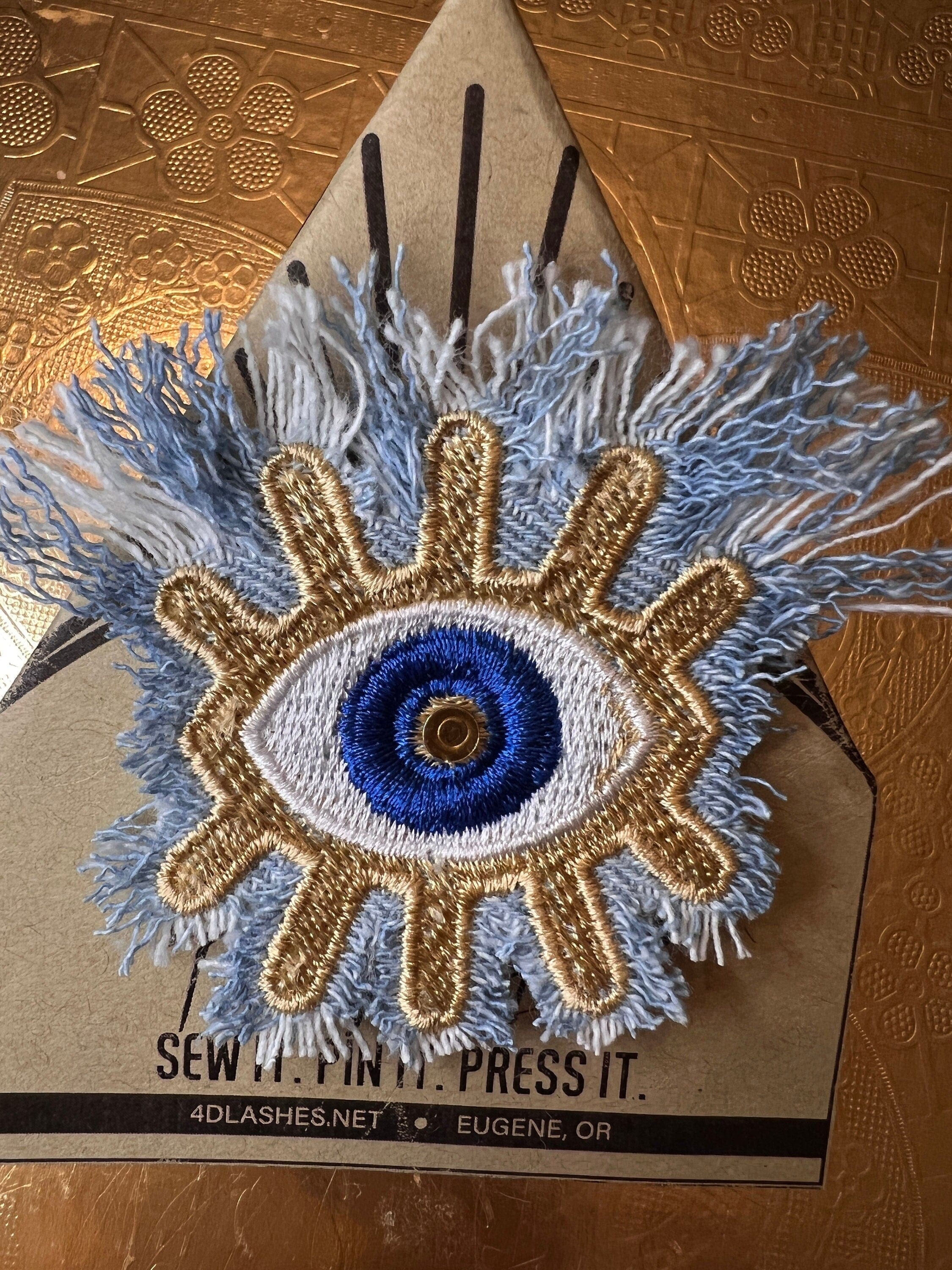 Protective Good Karma EYE Patch Handmade NuAge tack pin Embroidered Talisman Frayed Denim Blue Gold Bridal Party Bachelorette office gift Brooches & Lapel Pins