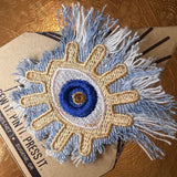 Protective Good Karma EYE Patch Handmade NuAge tack pin Embroidered Talisman Frayed Denim Blue Gold Bridal Party Bachelorette office gift Brooches & Lapel Pins
