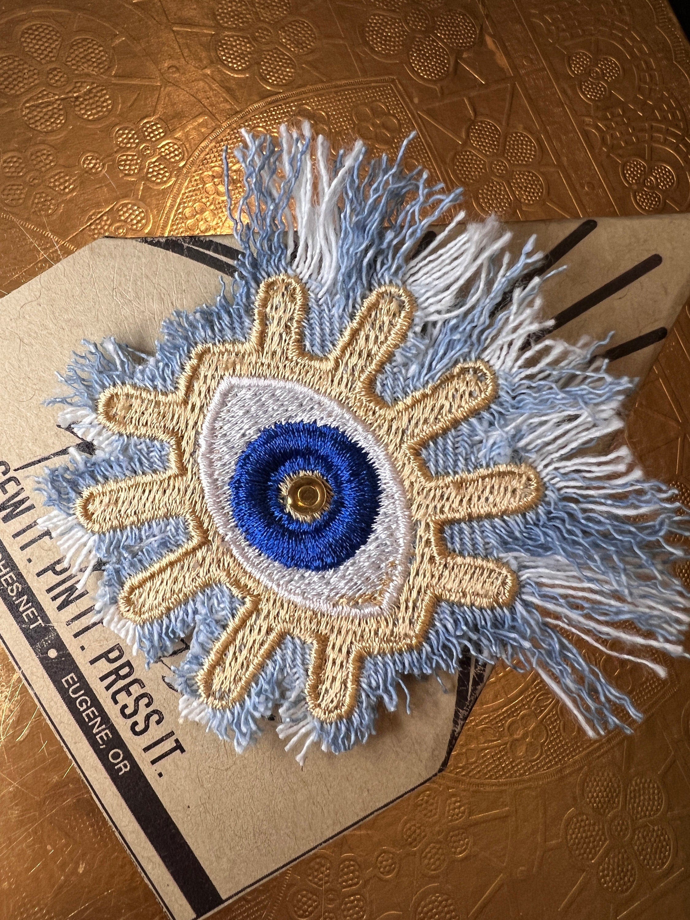 Protective Good Karma EYE Patch Handmade NuAge tack pin Embroidered Talisman Frayed Denim Blue Gold Bridal Party Bachelorette office gift Brooches & Lapel Pins