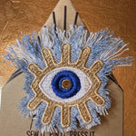 Protective Good Karma EYE Patch Handmade NuAge tack pin Embroidered Talisman Frayed Denim Blue Gold Bridal Party Bachelorette office gift Brooches & Lapel Pins