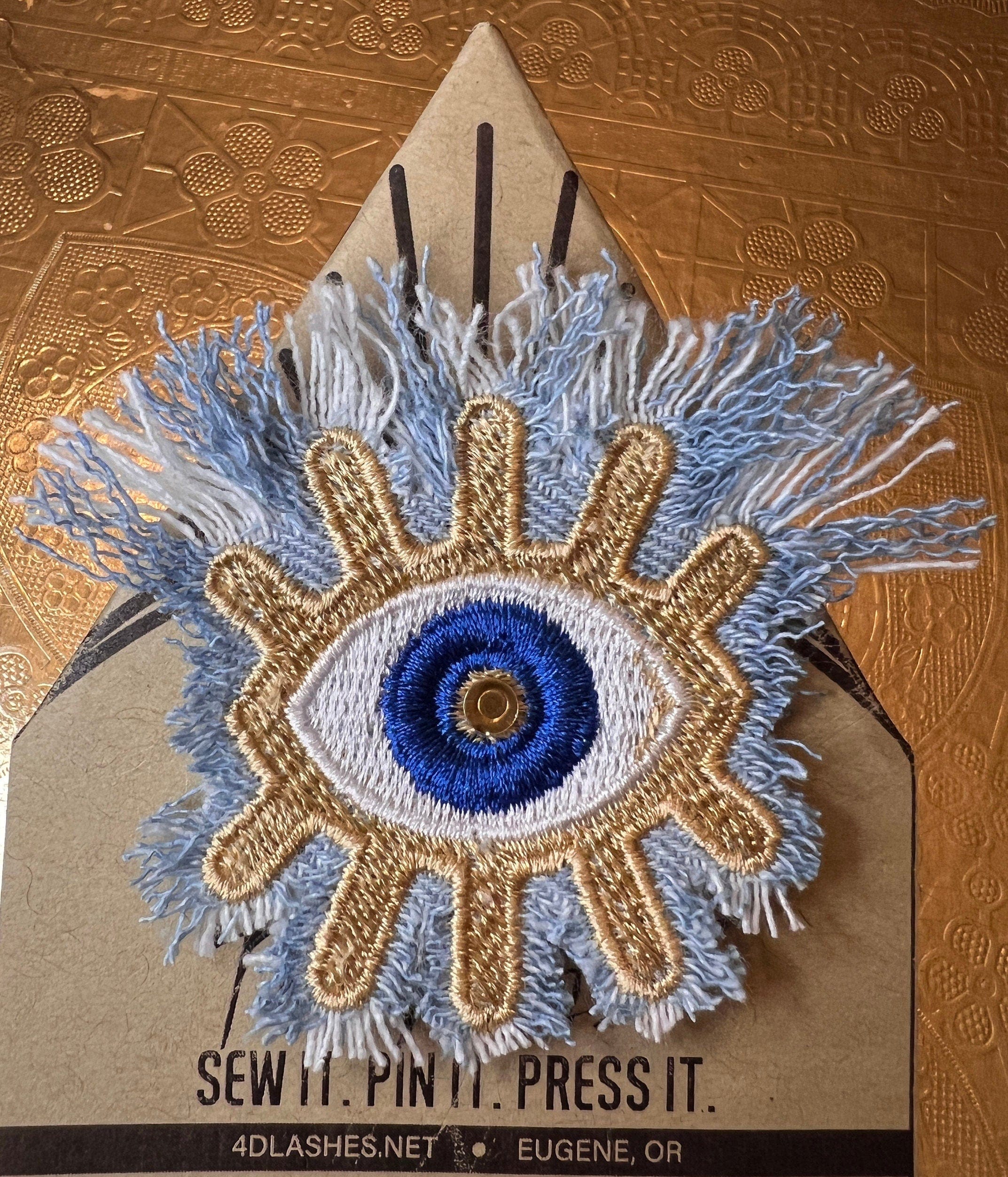Protective Good Karma EYE Patch Handmade NuAge tack pin Embroidered Talisman Frayed Denim Blue Gold Bridal Party Bachelorette office gift Brooches & Lapel Pins