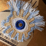 Protective Good Karma EYE Patch Handmade NuAge tack pin Embroidered Talisman Frayed Denim Blue Gold Bridal Party Bachelorette office gift Brooches & Lapel Pins