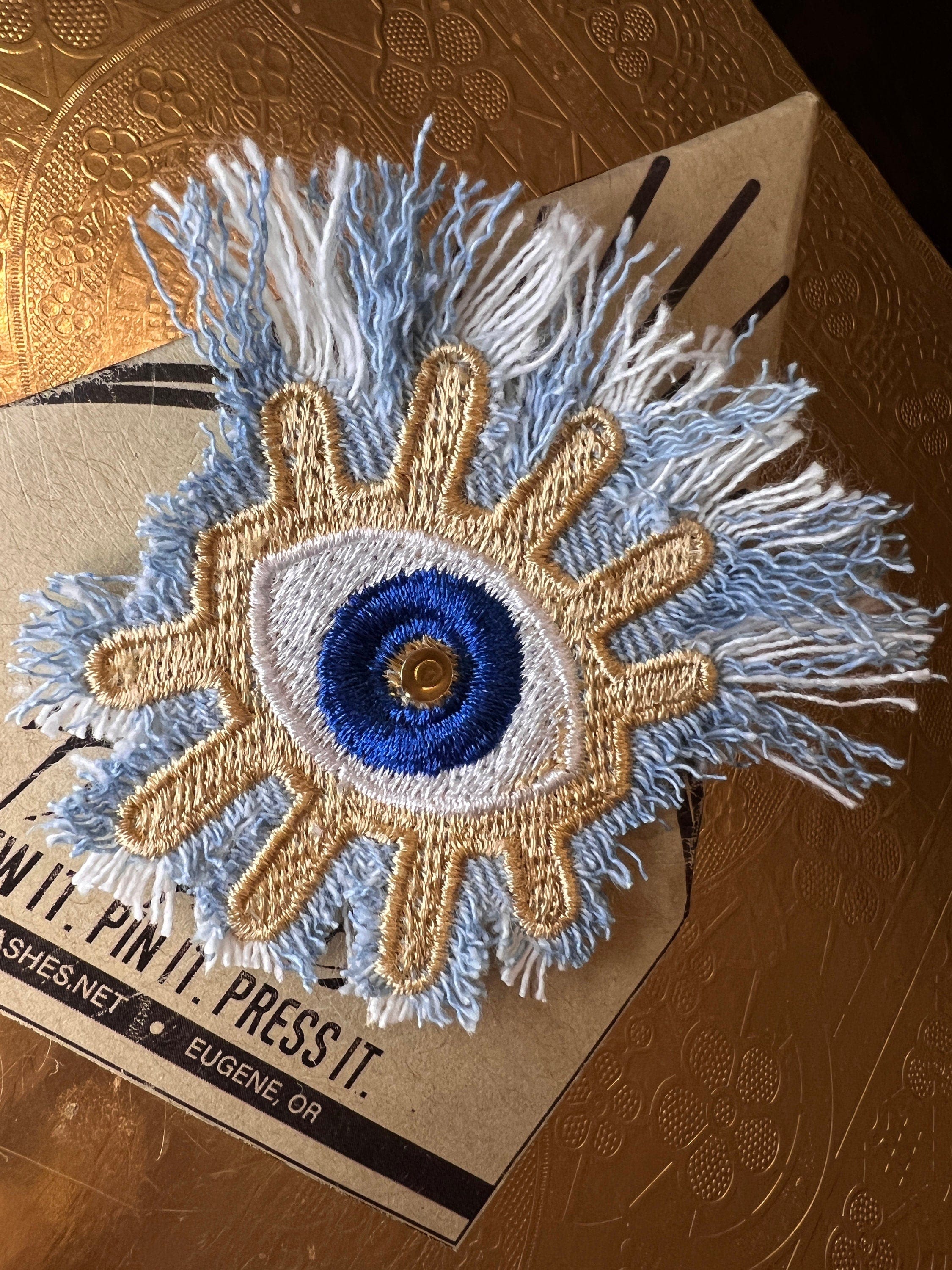 Protective Good Karma EYE Patch Handmade NuAge tack pin Embroidered Talisman Frayed Denim Blue Gold Bridal Party Bachelorette office gift Brooches & Lapel Pins
