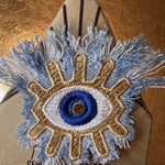 Protective Good Karma EYE Patch Handmade NuAge tack pin Embroidered Talisman Frayed Denim Blue Gold Bridal Party Bachelorette office gift Brooches & Lapel Pins