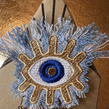 Protective Good Karma EYE Patch Handmade NuAge tack pin Embroidered Talisman Frayed Denim Blue Gold Bridal Party Bachelorette office gift Brooches & Lapel Pins
