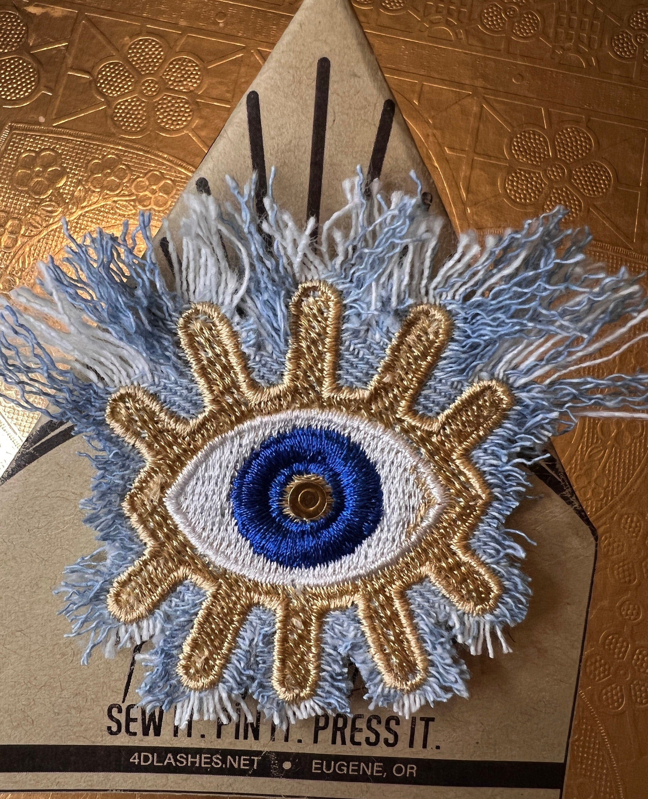 Protective Good Karma EYE Patch Handmade NuAge tack pin Embroidered Talisman Frayed Denim Blue Gold Bridal Party Bachelorette office gift Brooches & Lapel Pins