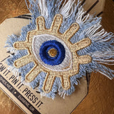 Protective Good Karma EYE Patch Handmade NuAge tack pin Embroidered Talisman Frayed Denim Blue Gold Bridal Party Bachelorette office gift Brooches & Lapel Pins
