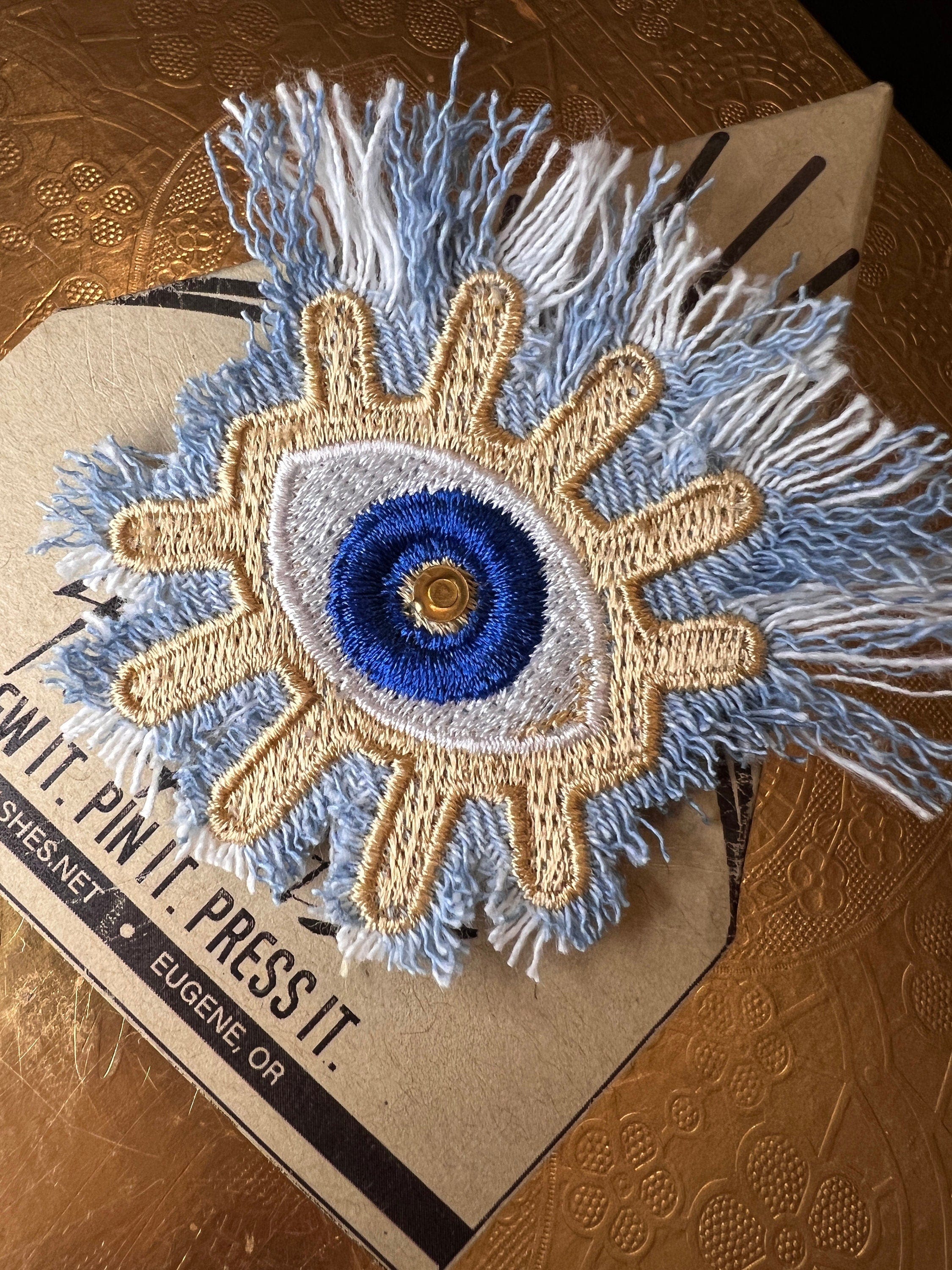 Protective Good Karma EYE Patch Handmade NuAge tack pin Embroidered Talisman Frayed Denim Blue Gold Bridal Party Bachelorette office gift Brooches & Lapel Pins