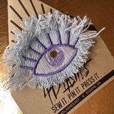 Protective Good Karma EYE Patch Handmade NuAge tack pin Embroidered Talisman Frayed Denim Blue Purple Bridal Party Bachelorette office gift Brooches & Lapel Pins