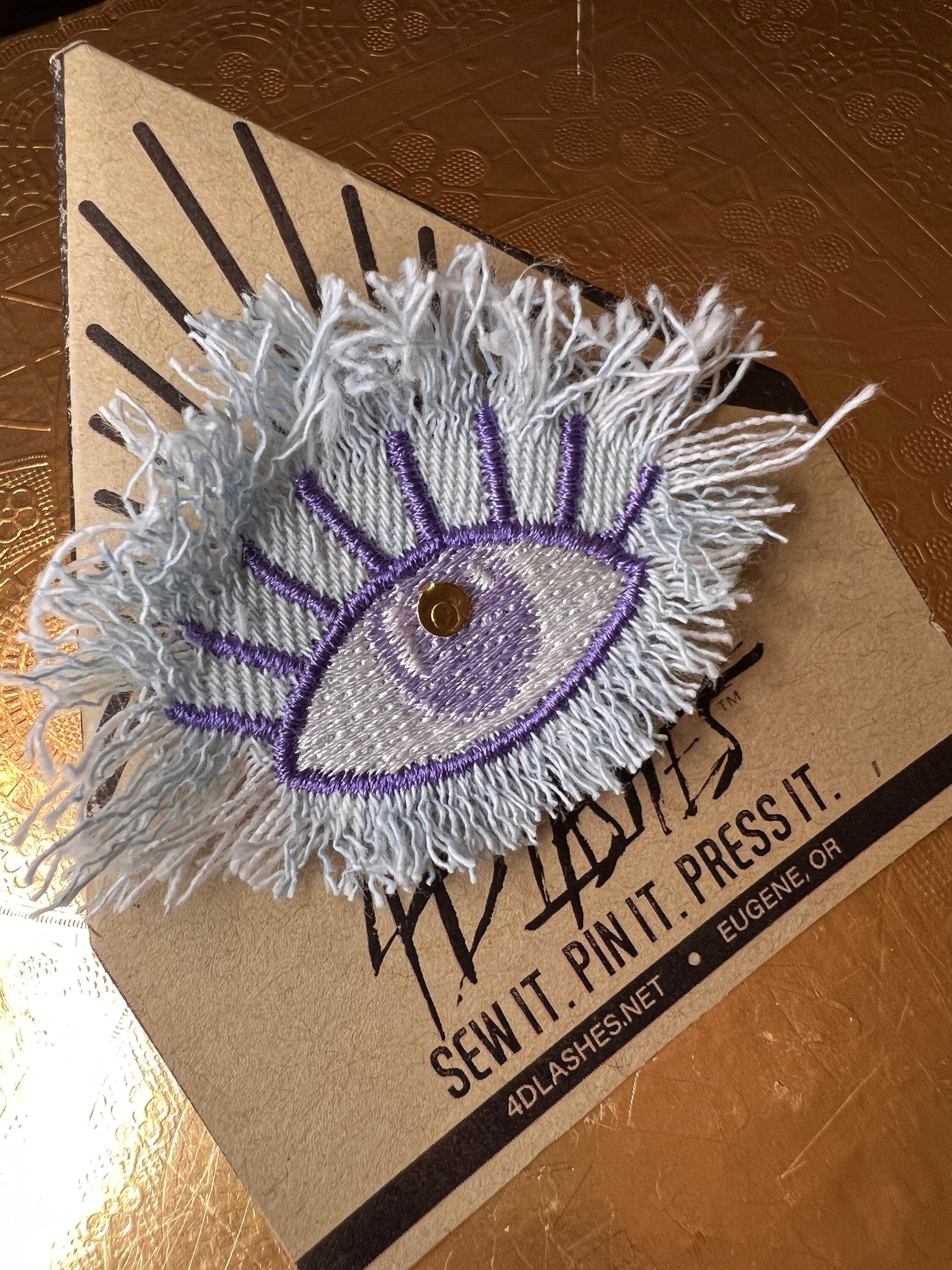 Protective Good Karma EYE Patch Handmade NuAge tack pin Embroidered Talisman Frayed Denim Blue Purple Bridal Party Bachelorette office gift Brooches & Lapel Pins