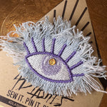 Protective Good Karma EYE Patch Handmade NuAge tack pin Embroidered Talisman Frayed Denim Blue Purple Bridal Party Bachelorette office gift Brooches & Lapel Pins