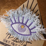 Protective Good Karma EYE Patch Handmade NuAge tack pin Embroidered Talisman Frayed Denim Blue Purple Bridal Party Bachelorette office gift Brooches & Lapel Pins
