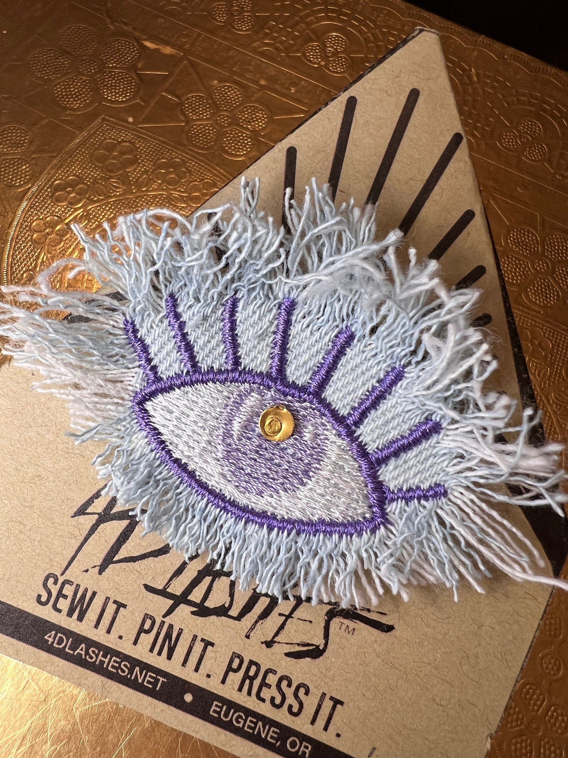 Protective Good Karma EYE Patch Handmade NuAge tack pin Embroidered Talisman Frayed Denim Blue Purple Bridal Party Bachelorette office gift Brooches & Lapel Pins