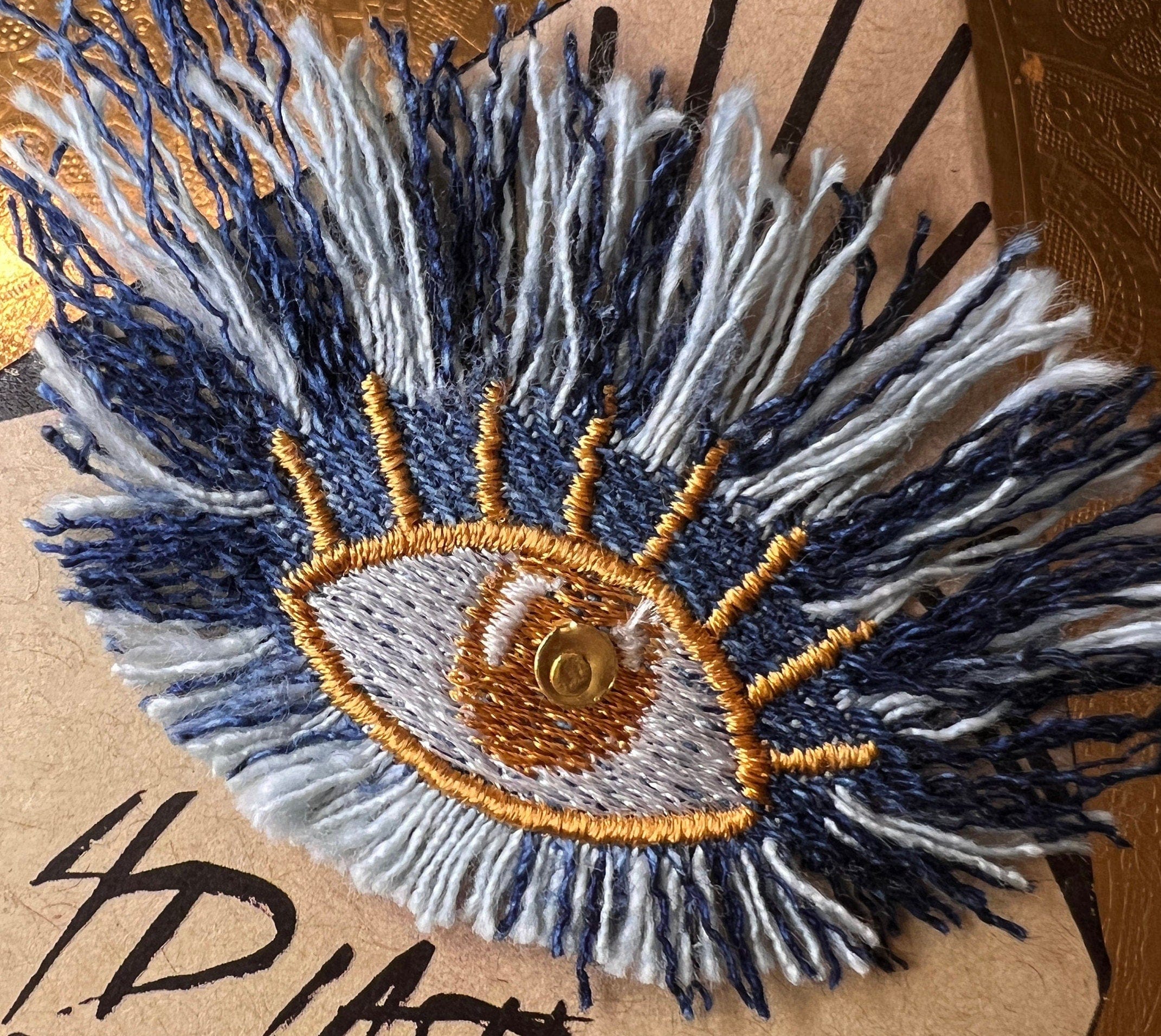Protective Karma EYE Patch Handmade NuAge tie tack Pin Embroidered Talisman Frayed Denim Blue Gold Bridal Party Bachelorette office gift Brooches & Lapel Pins